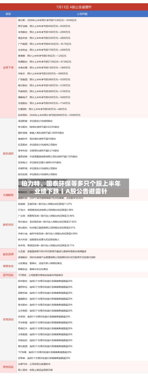 铂力特、国泰环保等多只个股上半年业绩下跌丨A股公告避雷针-第3张图片