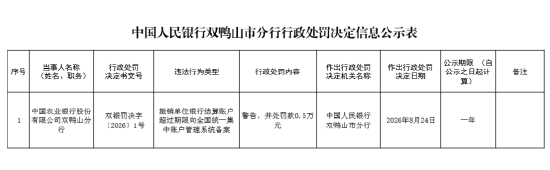 农业银行双鸭山分行被罚0.5万元:撤销单位银行结算账户超过期限向全国统一集中账户管理系统备案